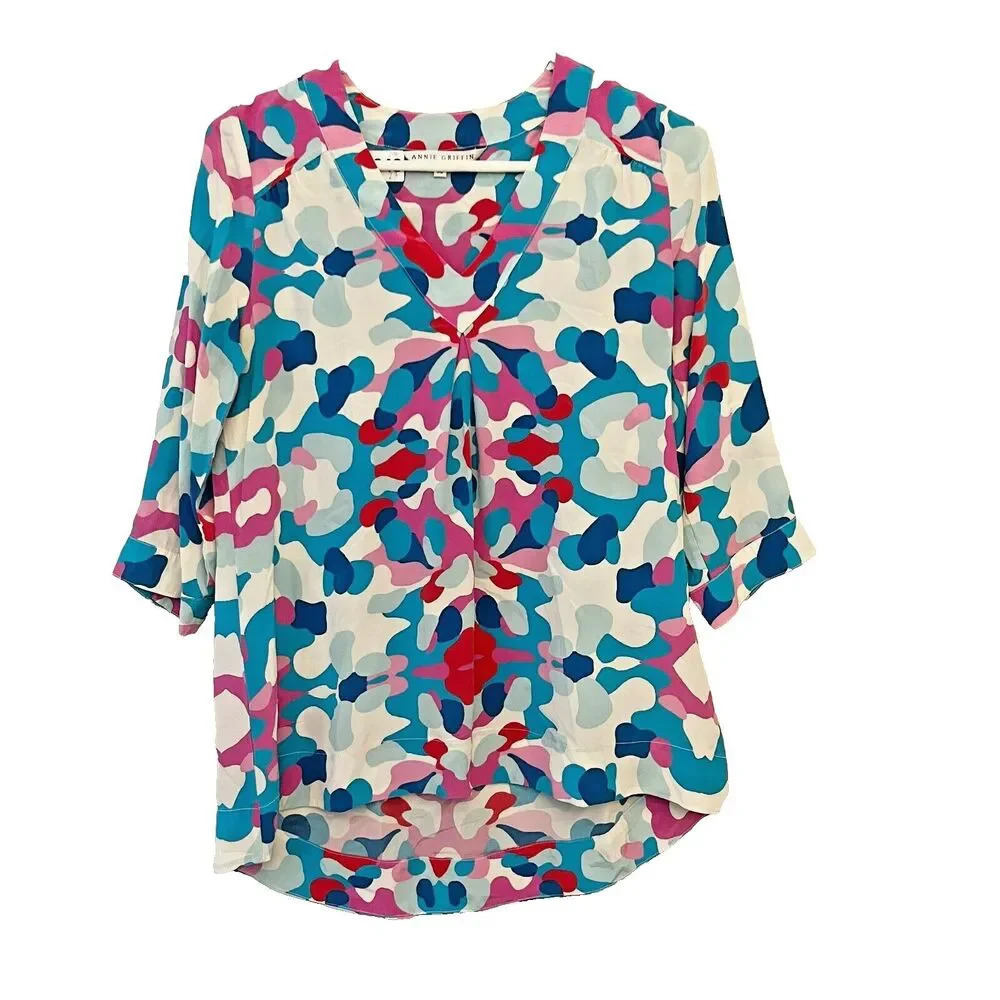 Annie Griffin Silk Blouse Womens Multicolor XS V Neck Hi Low Tunic 3/4 Sleeve